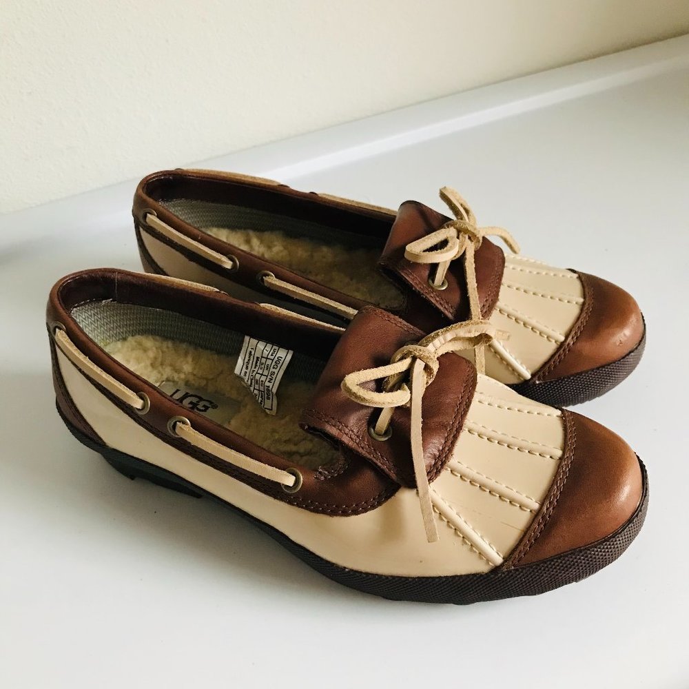 UGG Brown and Cream Leather Slip-On Boat Loafers